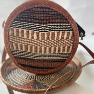 African handmade leather round rattan shoulder bag